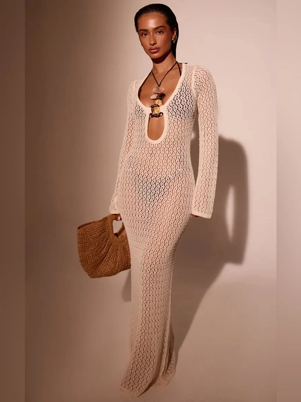 PrettyLittleThing Cream Crochet Long Sleeve Beach Cover Up